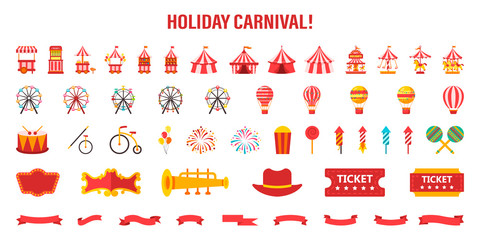 A set of different elements for a carnival or circus. Vector illustration on white isolated background