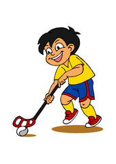 Boy playing floorball, children sports, color clipart