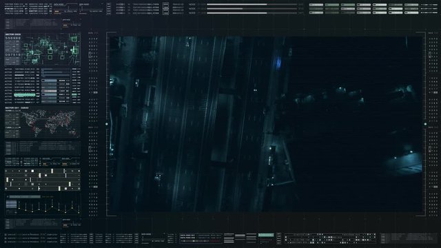 Futuristic HUD satellite car surveillance and identification counter terrorist monitoring highway traffic for possible enemy target vehicle