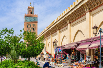 Souvenir shops in front of Moulay El yazid Mosque in Marrakech, Morocco