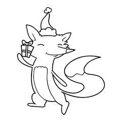 line drawing of a happy fox wearing santa hat