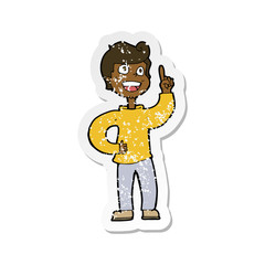 retro distressed sticker of a cartoon boy with great idea
