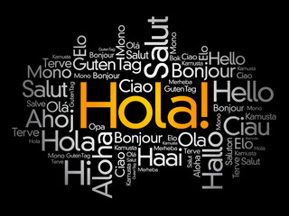 Fototapeta premium Hola (Hello Greeting in Spanish) word cloud in different languages of the world