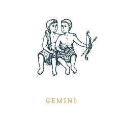 Gemini zodiac symbol, hand drawn in engraving style. Vector graphic retro illustration of astrological sign Twins .