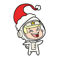 line drawing of a laughing astronaut wearing santa hat