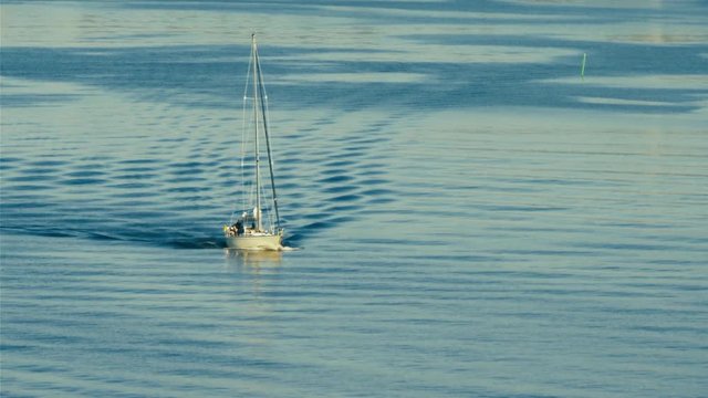 Sail boat sailing in a calm evening with a warm light. Drone shot.