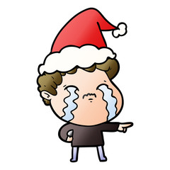 gradient cartoon of a man crying wearing santa hat