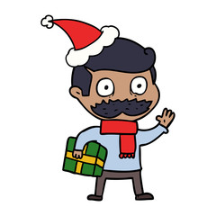 line drawing of a man with mustache and christmas present wearing santa hat