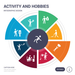 set of 9 simple activity and hobbies vector icons. contains such as failure, film making, fish bowl, flying a kite, game playing, gardening, gliding parachutist icons and others. editable