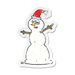 retro distressed sticker of a cartoon unhappy snowman