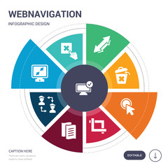 set of 9 simple webnavigation vector icons. contains such as checked, close, compress, connections, copy, crop, cursor icons and others. editable infographics design
