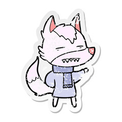 distressed sticker of a cartoon wolf in winter clothes