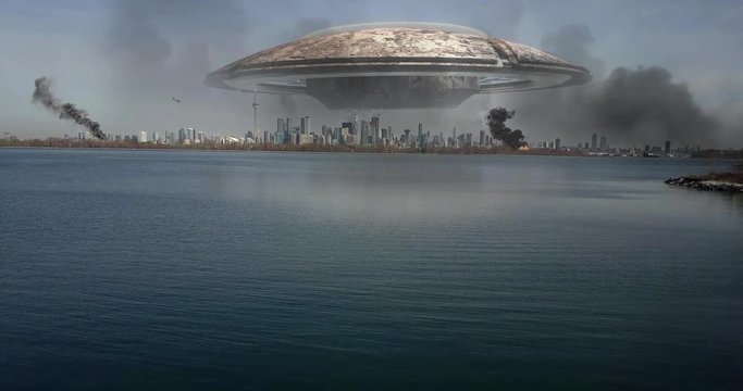 Alien Spaceship Invasion over Destroyed Toronto City Illustrattion Video Compositing simulates Real footage with visual effects elements of ufo alien spacecraft Hovering over Toronto With Helicopter D