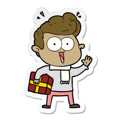 sticker of a cartoon excited man with present