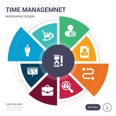 set of 9 simple time managemnet vector icons. contains such as out of time, pension, person, planning, portfolio, problems, process icons and others. editable infographics design