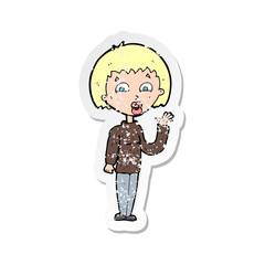 retro distressed sticker of a cartoon woman waving