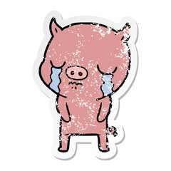 distressed sticker of a cartoon pig crying