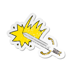 distressed sticker of a swinging cartoon sword