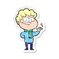 distressed sticker of a cartoon happy man