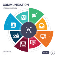set of 9 simple communication vector icons. contains such as connection, contact, contacts, customer service, diskette, email, emails icons and others. editable infographics design