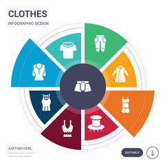 set of 9 simple clothes vector icons. contains such as swim shorts, t shirt, t-shirt, tank top, tanktop, top hat, tracksuit icons and others. editable infographics design