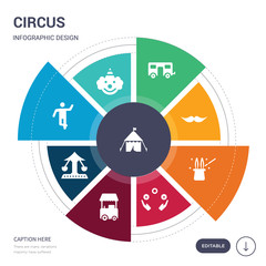 set of 9 simple circus vector icons. contains such as circus tent, clown, dancer, flying chairs, food cart, juggling, magic trick icons and others. editable infographics design