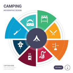 set of 9 simple camping vector icons. contains such as kite, lake, lighter, maple leaf, matches, oar, orientation icons and others. editable infographics design