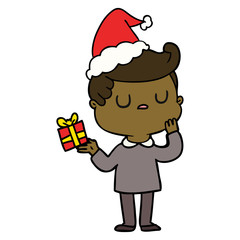 line drawing of a man wondering wearing santa hat