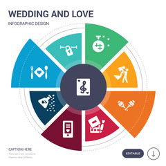 set of 9 simple wedding and love vector icons. contains such as love music, love padlock, plate, potion, smartphone, makeup, maracas icons and others. editable infographics design