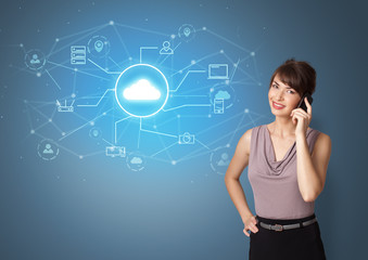 Young smiling person presenting office cloud technology concept
