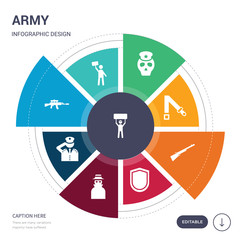 set of 9 simple army vector icons. contains such as revolt, revolution, rifle, salute, secret agent, shield, shotgun icons and others. editable infographics design