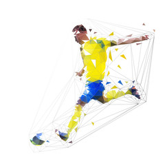 Soccer player kicking ball, side view. Geometric low poly vector illustration. Footballer