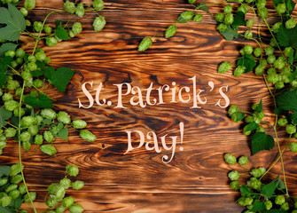 Wooden Board, Frame Of Green Hop. Background For Festivals Of Beer.