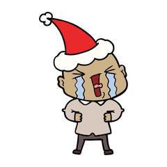 line drawing of a crying bald man wearing santa hat
