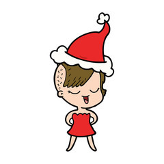 happy line drawing of a girl in cocktail dress wearing santa hat