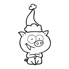 cheerful sitting pig line drawing of a wearing santa hat