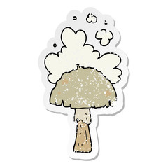 distressed sticker of a cartoon mushroom with spore cloud