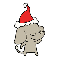 line drawing of a smiling elephant wearing santa hat
