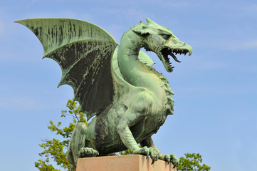 Slovenia, Ljubljana, Bronze dragon on the dragon bridge, Ljubljana.