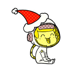 happy comic book style illustration of a astronaut wearing santa hat