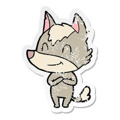 distressed sticker of a friendly cartoon wolf