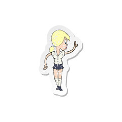 retro distressed sticker of a cartoon girl with idea