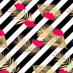 Vector fashion background with black stripes and gold palm leaves