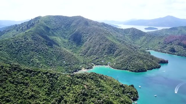 Drone view of Queen Charlottes Sound, New Zealand.