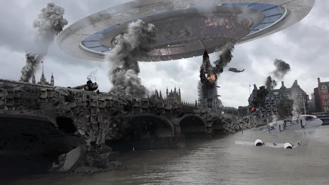 Alien Spaceship Invasion Over Destroyed London City Illustrattion Video Compositing simulates Real footage with visual effects elements of ufo alien spacecraft Hovering over London With Helicopter Deb