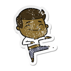 distressed sticker of a happy cartoon man dancing
