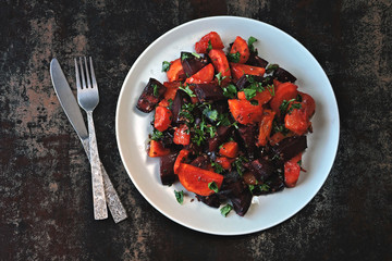 Beet salad with carrots and pumpkin. Vegan Cleansing Salad Healthy eco food.