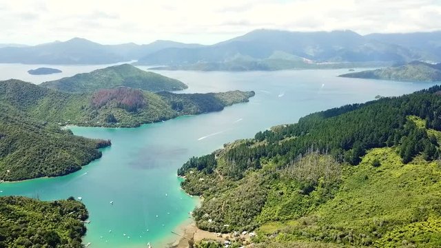 Drone view of Queen Charlottes Sound, New Zealand.