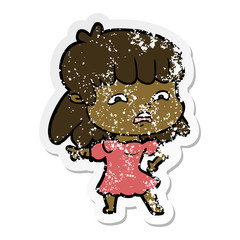 distressed sticker of a cartoon worried woman