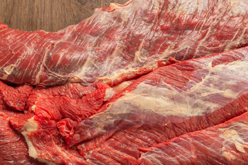 Raw fresh beef on a wooden background, catalog.